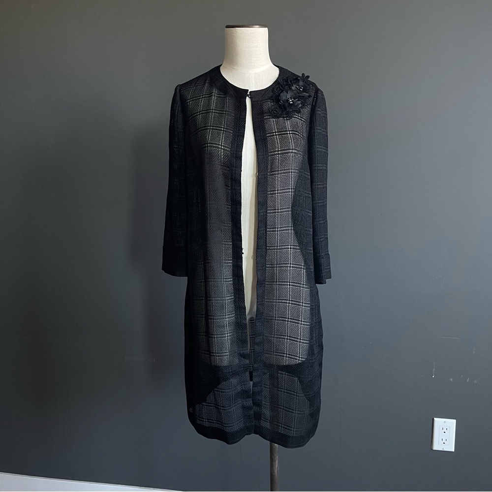 Luciano Choi Sheer Plaid Duster Coat w Floral Appliqué Black Size 88 Small